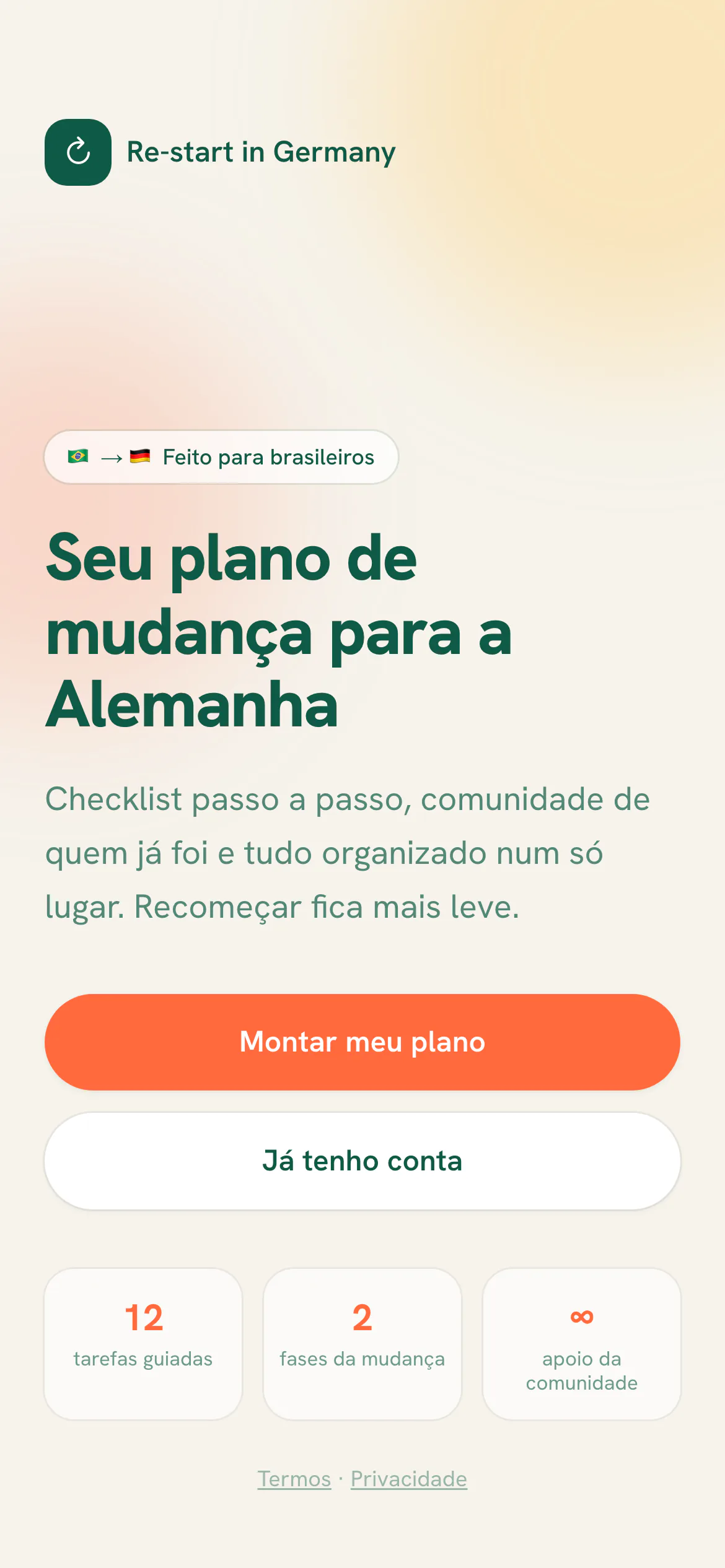 The live Re-start in Germany web app on a phone, opening with the headline ‘Seu plano de mudança para a Alemanha’. The interface is in Portuguese.